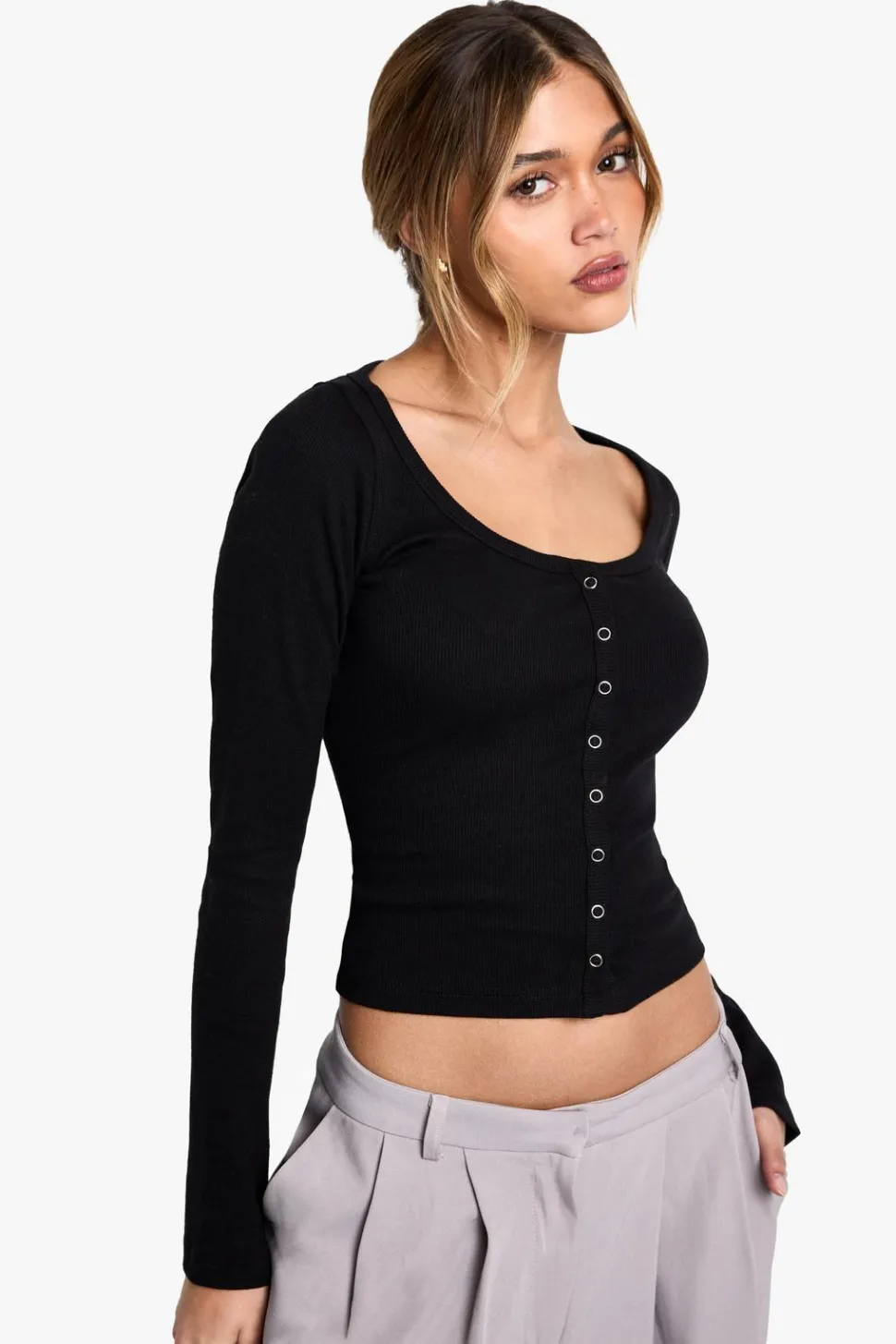 Ribbed Popper Detail Long Sleeve Top | Nasty Gal