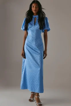 Rose Satin Jacquard Puff Sleeve Tie Back Midi Dress | Nasty Gal