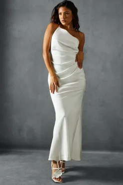 Satin Asymmetric Strap Pleated Waist Low Back Maxi Dress | Nasty Gal