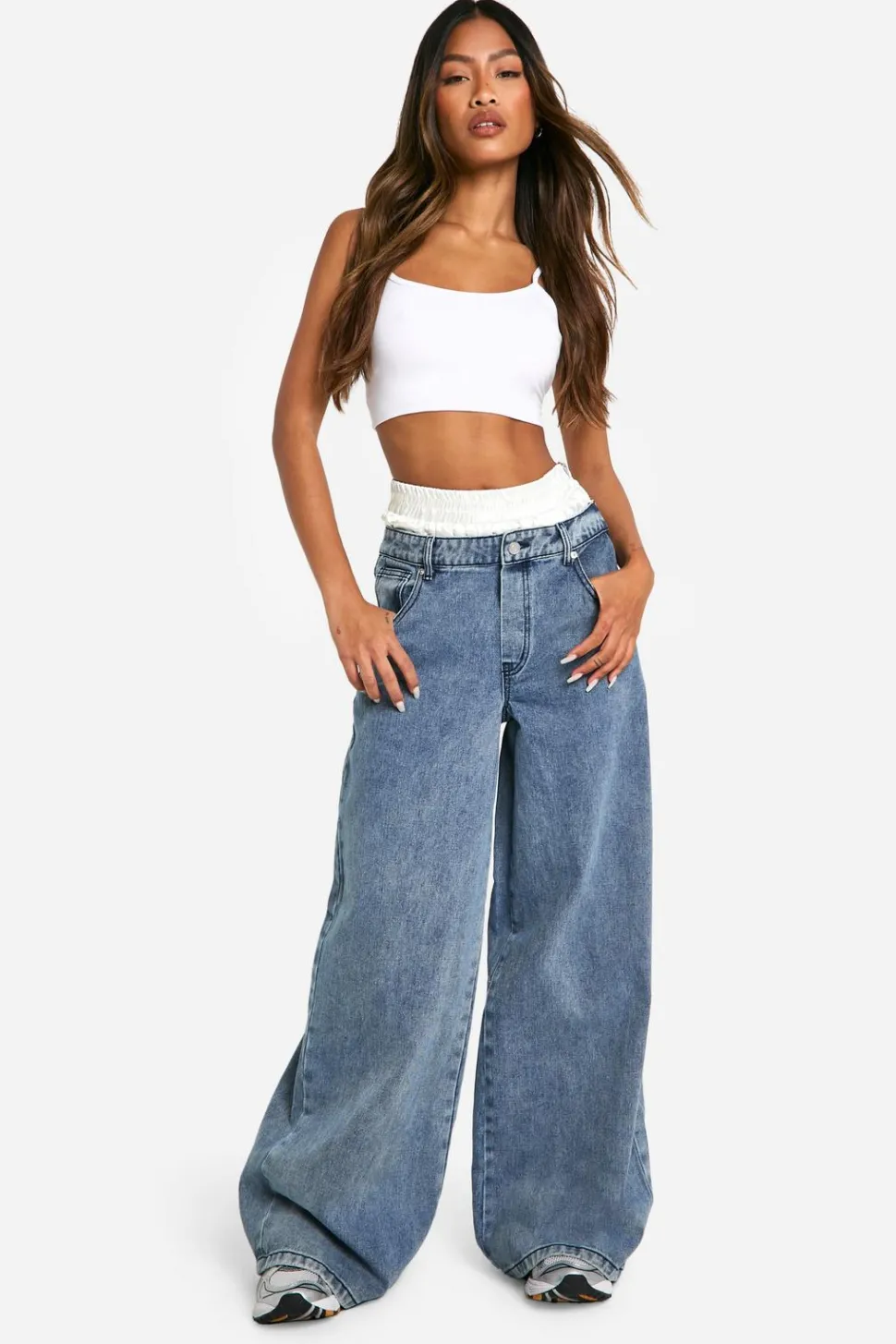 Satin Boxer Detail High Waisted Wide Leg Denim Jean | Nasty Gal