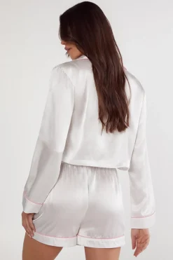 Satin Contrast Pipping Tie Front Shirt And Pajama Shorts Set | Nasty Gal