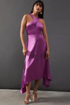 Satin Cross Front Chiffon Insert Hanky Hem Midi Dress | Nasty Gal