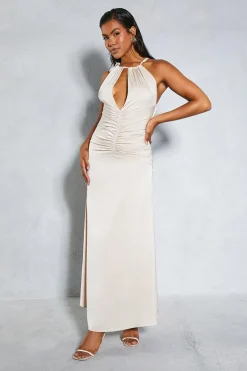 Satin Halterneck Ruched Front Maxi Dress | Nasty Gal