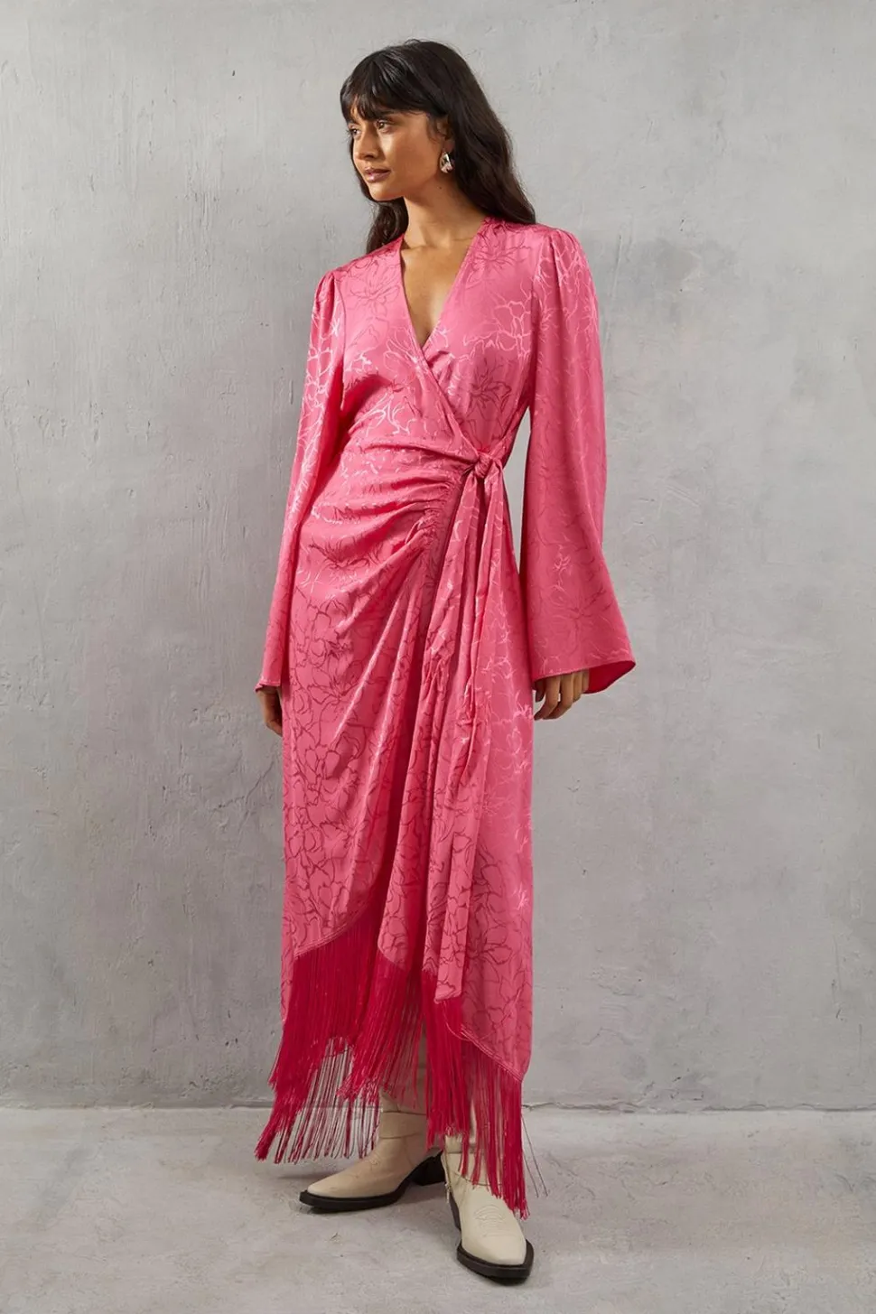 Satin Jacquard Kimono Sleeve Fringe Hem Wrap Dress | Nasty Gal