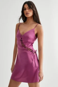 Satin Lace Up Detail Plunge Mini Dress | Nasty Gal