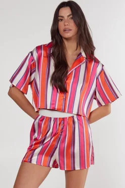 Satin Multi Stripe Cropped Shirt And Shorts Pajama Set | Nasty Gal