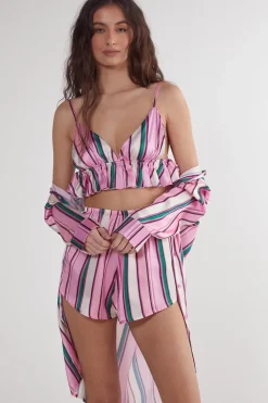 Satin Multi Stripe Ruffle 3pc Pajama Shorts Set | Nasty Gal