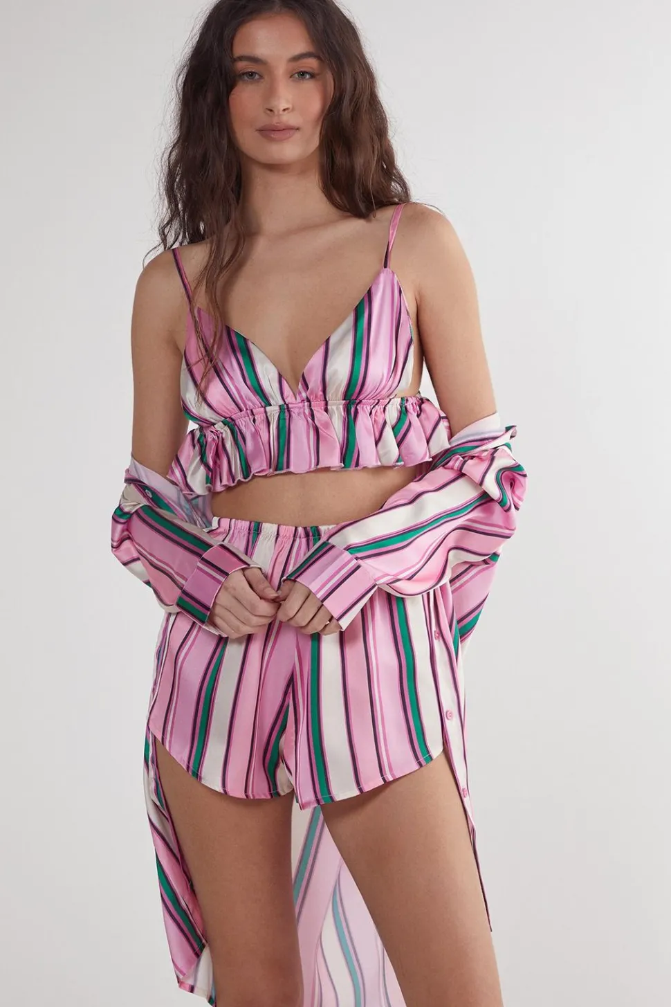 Satin Multi Stripe Ruffle 3pc Pajama Shorts Set | Nasty Gal