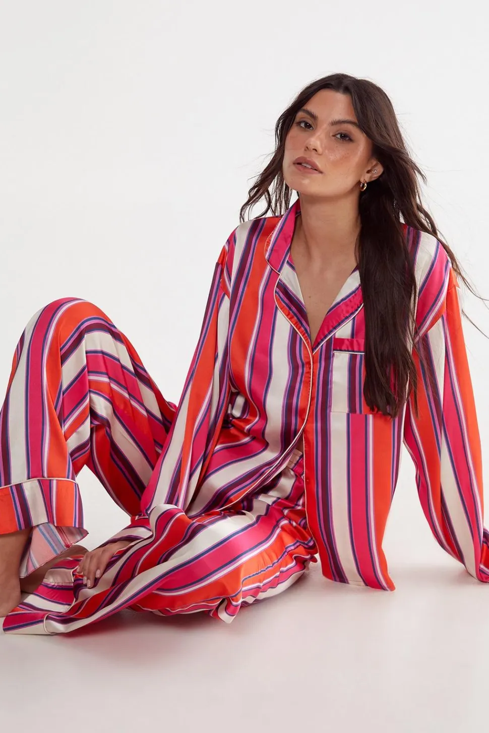 Satin Multi Stripe Shirt And Pants Pajama Set | Nasty Gal