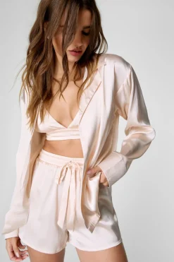 Satin Oversized Shirt, Bralet And Short 3pc Pajama Set | Nasty Gal