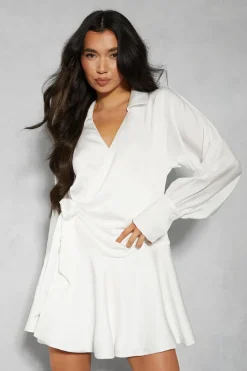 Satin Plunge Layered Frill Skirt Tie Side Wrap Mini Dress | Nasty Gal