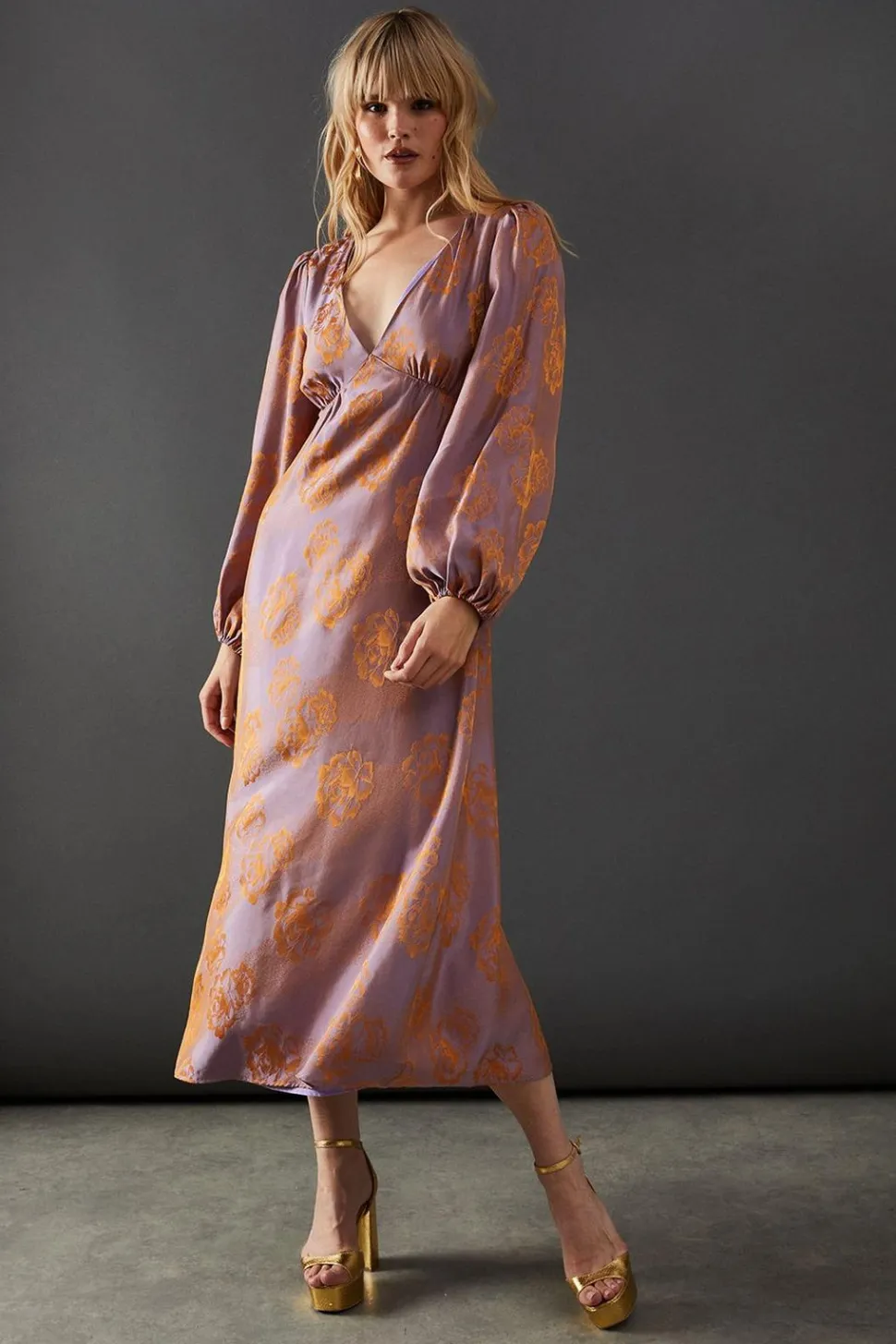 Satin Rose Jacquard Plunge Neck Midi Dress | Nasty Gal