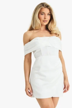 Satin Ruched Bardot Drape Detail Mini Dress | Nasty Gal