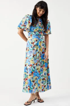 Satin Ruched Front Puff Sleeve Midi Dress | Nasty Gal