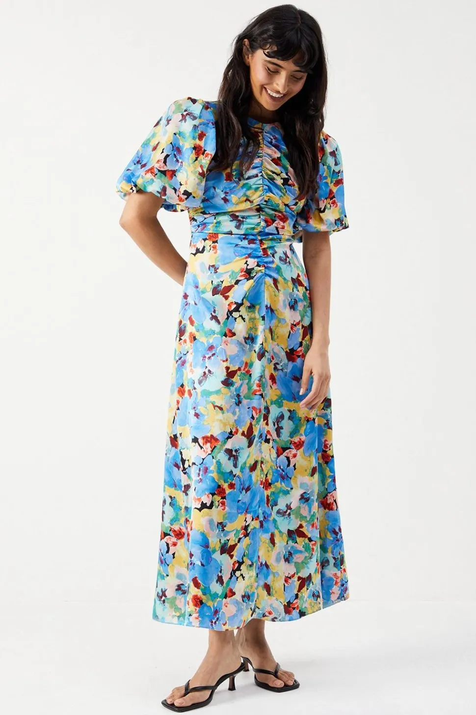 Satin Ruched Front Puff Sleeve Midi Dress | Nasty Gal