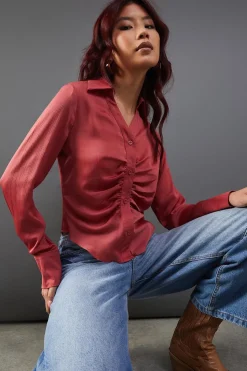 Satin Ruched Front Shirt | Nasty Gal