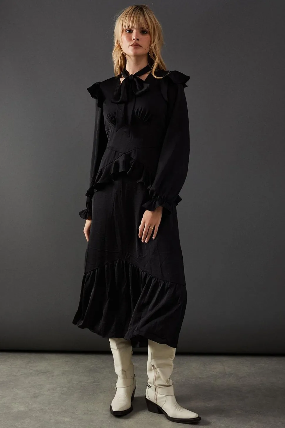 Satin Tie Neck Ruffle Midi Dress | Nasty Gal