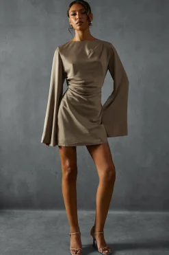 SatinSlash Neck CinchedWaist Flare Sleeve MiniDress | Nasty Gal