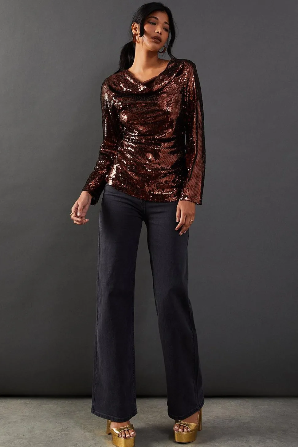 Sequin Cowl Neck Ruched Top | Nasty Gal