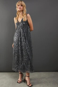 Sequin Mesh V Neck Trapeze Midi Dress | Nasty Gal