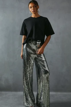 Sequin Mid Rise Elastic Waist Wide Leg Trouser | Nasty Gal