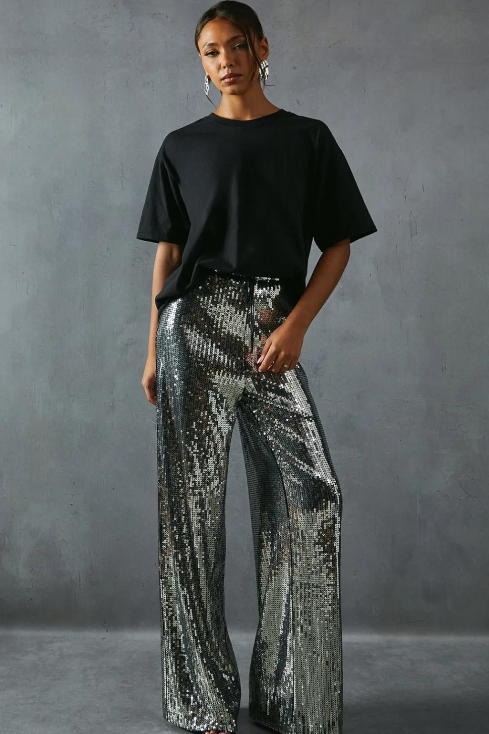 Sequin Mid Rise Elastic Waist Wide Leg Trouser | Nasty Gal