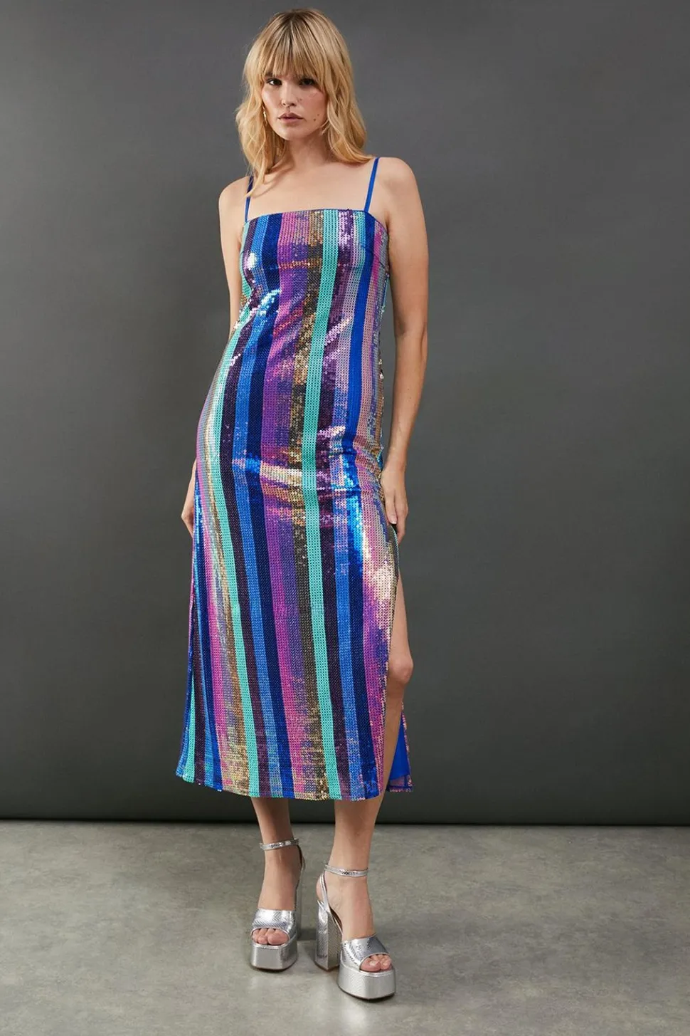 Sequin Stripe Strappy Split Side Midi Dress | Nasty Gal