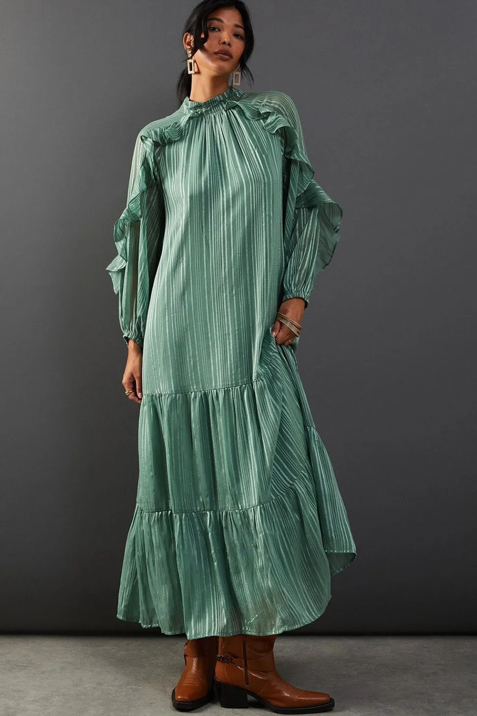 Shadow Stripe Tie Back Neck Ruffle Tier Midi Dress | Nasty Gal