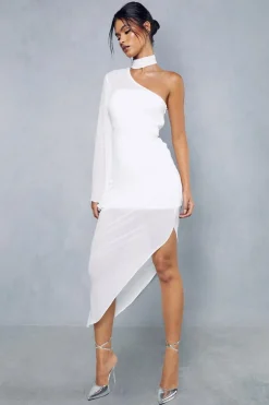 Sheer Overlay Ruched Choker Neck Asymmetric Midi Dress | Nasty Gal