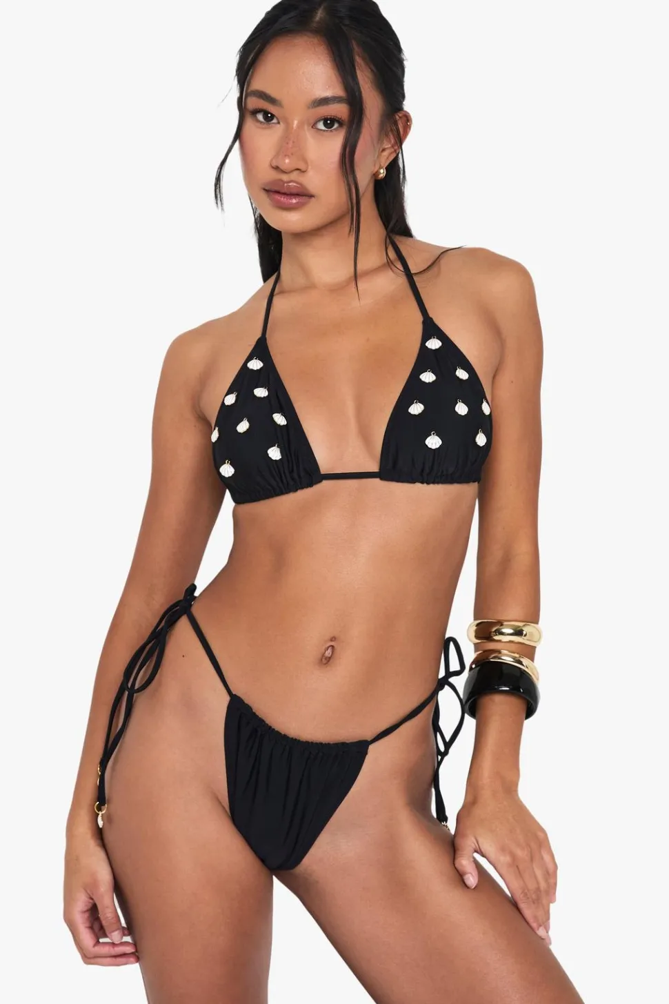 Shell Trim Embellished Triangle Bikini Top & Tanga Tie Side Bottoms Bikini Set | Nasty Gal