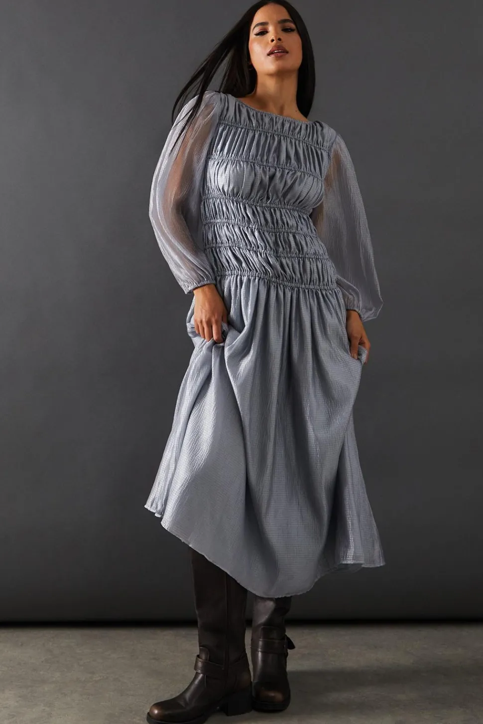 Shirred Chiffon Panel Bodice Midi Dress | Nasty Gal