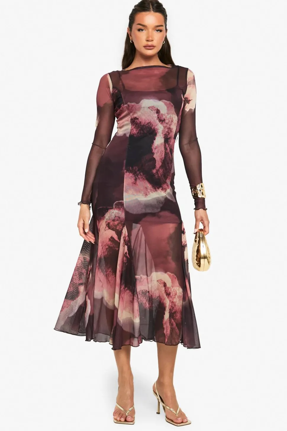 Slash Neck Floral Mesh Print Godet Hem Midaxi Dress | Nasty Gal