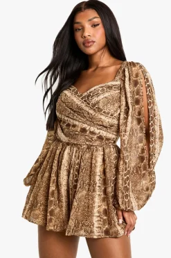 Snake Print Split Sleeve Playsuit | Nasty Gal