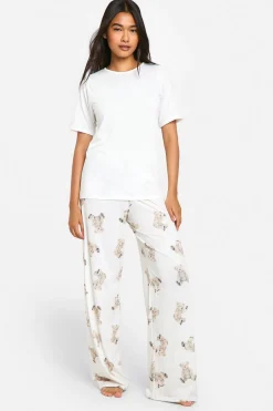 Soft Touch Bear Print Button Detail Short Sleeve T-Shirt & Trousers Pyjama Set | Nasty Gal