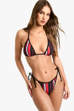 Sports Stripe Contrast Binding Triangle Bikini Top & Tie Side Bikini Bottoms Set | Nasty Gal
