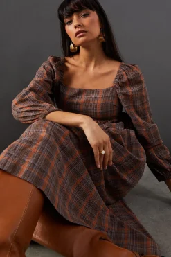 Square Neck Volume Sleeve Check Midi Dress | Nasty Gal