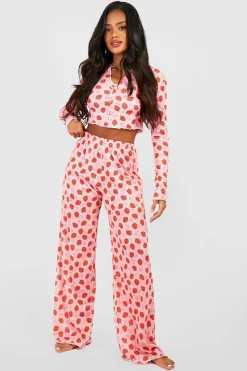 Strawberry Print Button Front Long Sleeve Top & Trousers Pyjama Set | Nasty Gal
