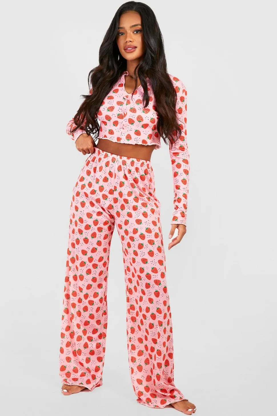 Strawberry Print Button Front Long Sleeve Top & Trousers Pyjama Set | Nasty Gal