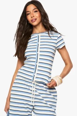 Stripe Rib Button Through Short Sleeve Top | Nasty Gal