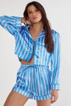 Stripe Satin Contrast Pipping Tie Front Shirt And Pajama Shorts Set | Nasty Gal