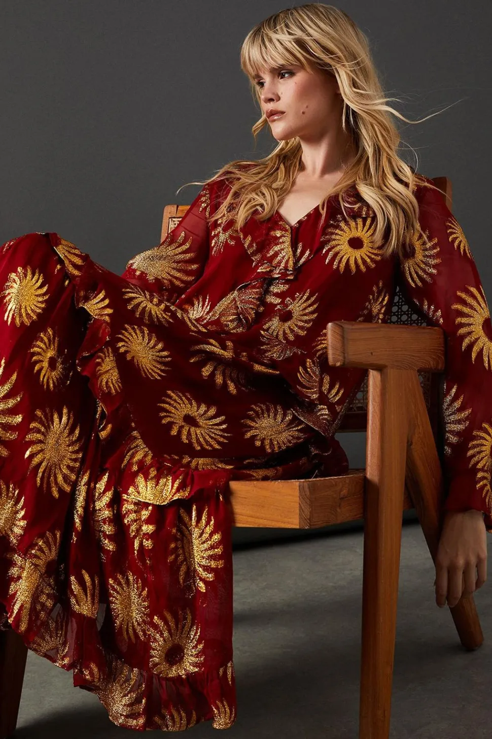 Sun Metallic Jacquard Frill Front Smock Midi Dress | Nasty Gal