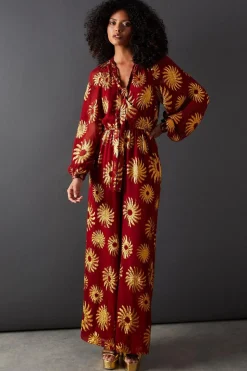 Sun Metallic Jacquard Tie Neck Jumpsuit | Nasty Gal