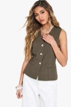 Tailored Linen Look Button Waistcoat | Nasty Gal