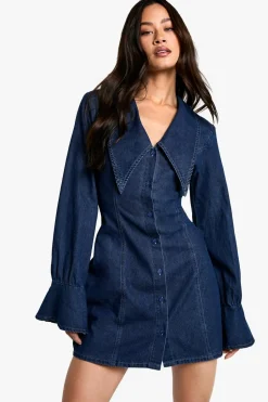 Tall Collar Detail Denim Shift Dress | Nasty Gal