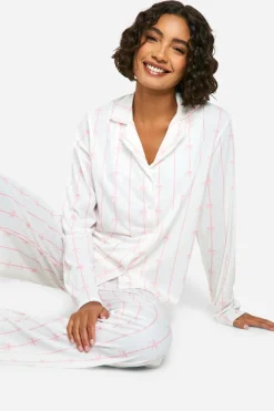 Tall Pinstripe Bow Print Long Sleeve Shirt & Trousers Pyjama Set | Nasty Gal