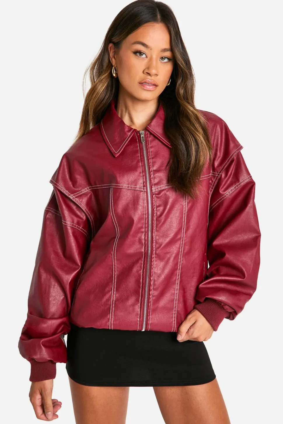 Tall Pu Contrast Stitch Oversized Bomber Jacket | Nasty Gal