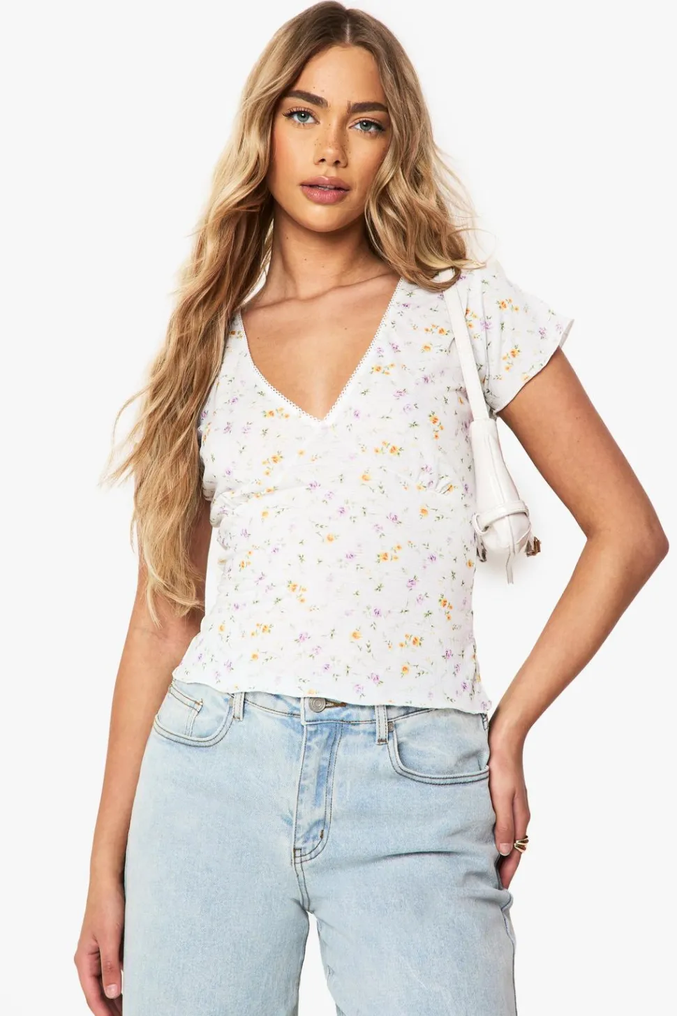 Textured Ditsy Picot Trim V Neck Top | Nasty Gal