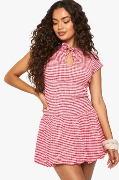 Textured Gingham Shirred Waist Keyhole Mini Dress | Nasty Gal