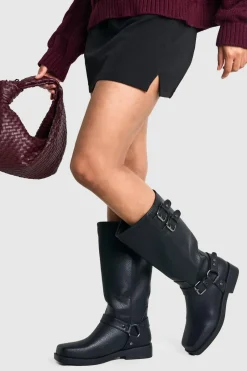 Textured Leather Look Biker Buckle Detail Boots | Nasty Gal