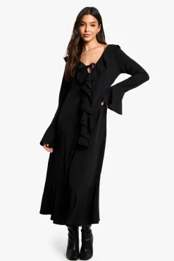 Textured Ruffle Long Sleeve Midaxi Dress | Nasty Gal